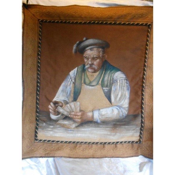 Rare Antique European Card Playing Gambling Man Painting on Fabric - Picture 3 of 5
